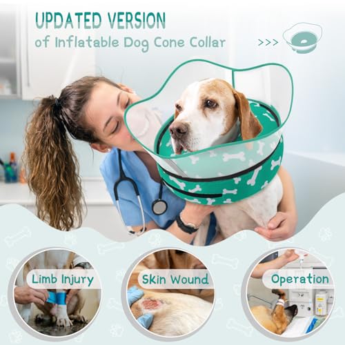 Raised Inflatable Dog Cone Collar to Stop Licking (T Bone Green / L(Neck 12"-16"))