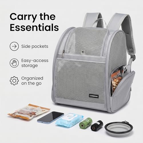 Cat Backpack Carrier for Small Dogs and Medium cat Puppy Kitten Bunny Pet Carrier Backpack Collapsible with Fully Ventilated Mesh with Safety Leash (Gray / 12.9"L x 10.62"W x 15.5"H)