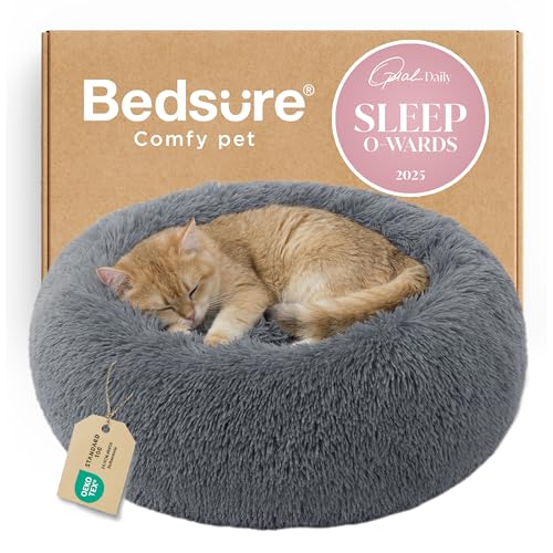 Calming Cat Beds Donut Round Washable Kitten Bed (20"L x 20"W x 6"Th / Dark Grey)
