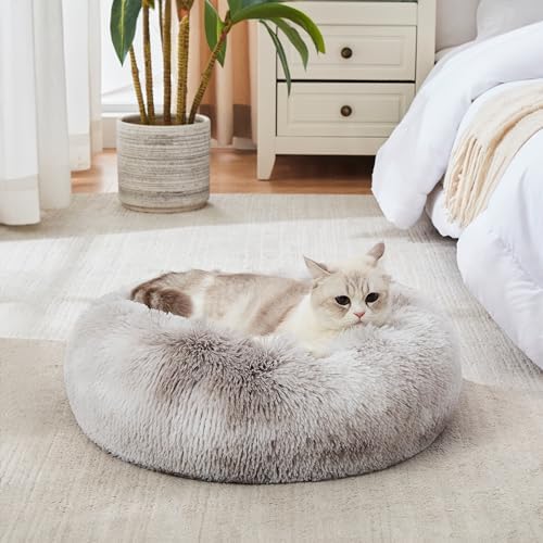Western Home Calming Donut Cat Bed Small Dog Bed Washable (White Grey / 20.0"l x 20.0"w x 6.0"th)