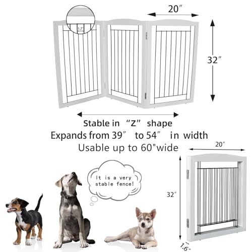 Freestanding Foldable Dog Gate for House Extra Wide Wooden White Puppy Gate Stairs Dog Gates Doorways Tall Pet Gate 3 Panels Pet Fence (White / 【3 Panels】60''w x 32''h)