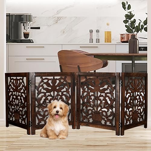Lightnpro 4 Panel Wooden Dog Gate (Natural Burnt Flower / 24x72 - Milo)