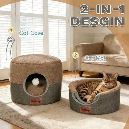2-in-1 Cat Bed Cave, Cozy Covered Cat Beds for Indoor Cats,Pet Bed (Brown / S-15.7"Lx15.7"Wx13"H)