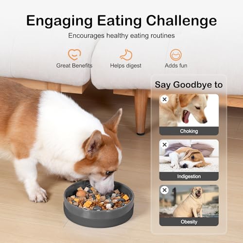 Ceramic Slow Feeder Dog Bowls with Silicone Base (Medium-8 inches / Grey)