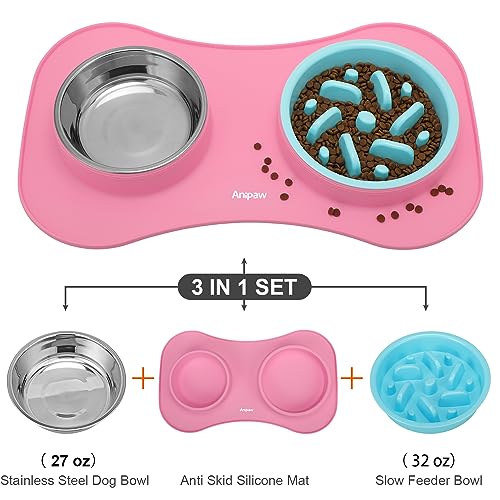 Slow Feeder Dog Bowls 3 in 1 Stainless Steel Food Water Bowl to Slow Eating (Large Breed / Pink)