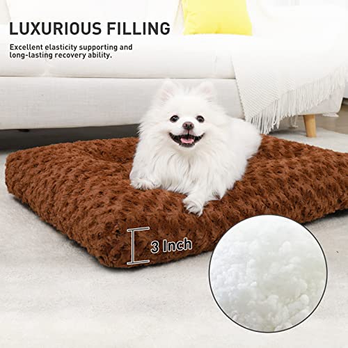 Washable Dog Bed Small Dog Crate Bed Deluxe Plush Mat 23"x18" Brown (Brown / 23.0"L x 18.0"W x 3.0"Th)