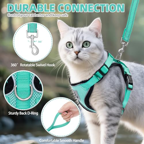 Cat Harness and Leash Set Escape Proof Reflective Cat Walking Harness Adjustable Soft Breathable Mesh Vest for Small Pets (M (NECK 11"-13.7", CHEST 16"-20") / Aquamarine)