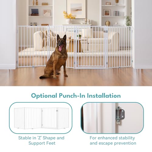 Freestanding Dog Gate with Door for Indoor & Outdoor (White / 【4 Panels with Door】104"W×36"H)