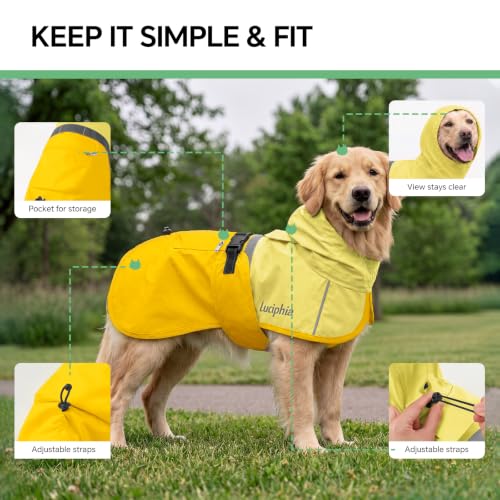 Dog Raincoat Adjustable Hooded Reflective Jacket with Pocket (Yellow / Large)