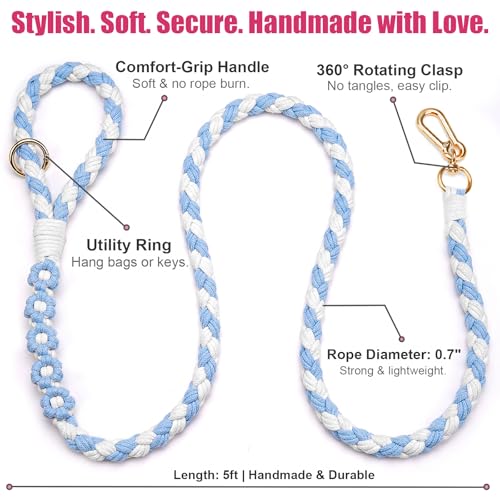 5FT Braided Cotton Rope Leash for Small (Cotton Sky)