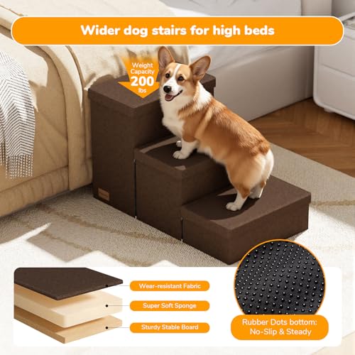 3 Step Wide Dog Stairs with Storage 18" H (Coffee / 30"D x 17"W x 17.7"H)