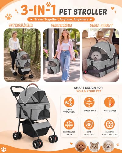Pet Stroller 3 in1 Foldable Dog Cat Stroller with Detachable Carrier (GRAY)