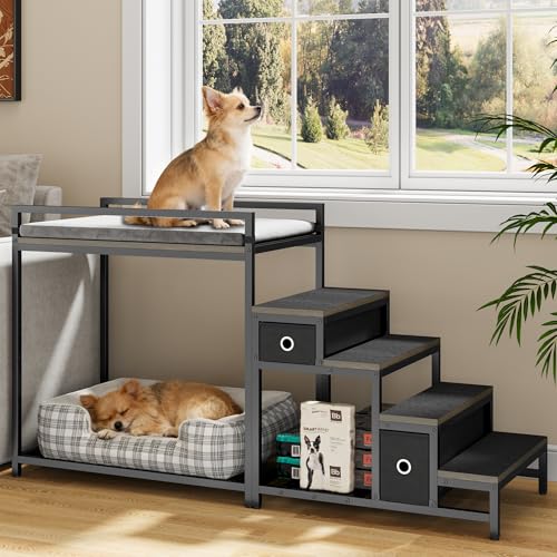 Pet Bunk Bed with Stairs and Storage (Grey)