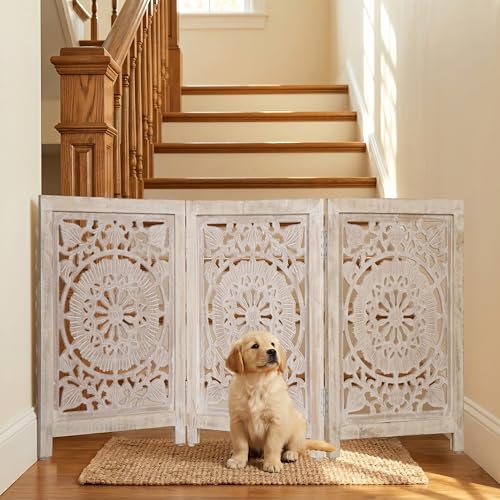 Lightnpro 3 Panel Carved Wooden Dog Gate (White Wash / 24x54 - Ember)