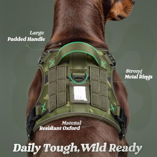 Tactical Dog Harness for Large Dogs (L(Chest:22"-37",Neck:21.1"-30.3",Back:8.3") / Green Camo)