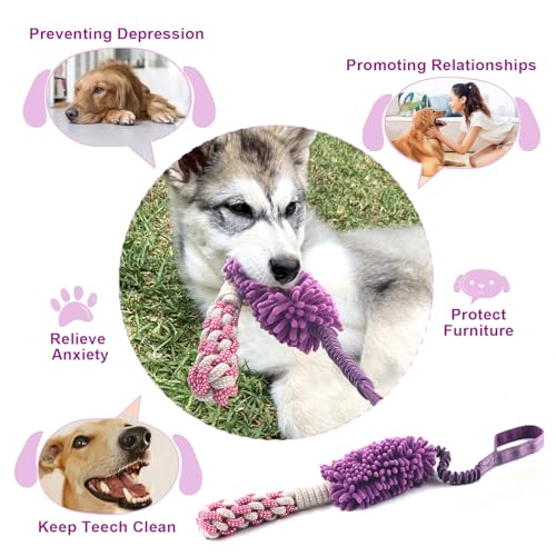 Dog Puppy Toys Dog Squeak Toys Plush Dog Toy with Dog Ropes Knots for Fun and Teeth Cleaning (Purple / Dog Bite Stick Toy)