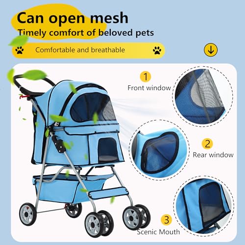 4 Wheel Foldable Pet Stroller (Blue / 4 Wheels)