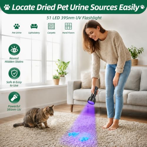 Black Light for Pet Urine Detection UV Flashlight 395nm Pet Urine Detector Light for Cat Pee and Dog Stains Carpets Floors (51 LED)