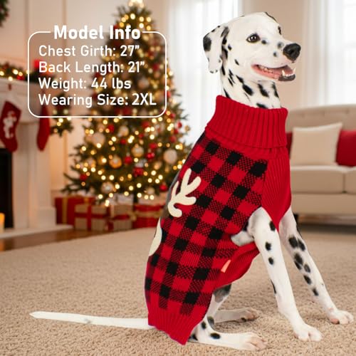 Dog Christmas Sweater for Large Dogs with Red Buffalo Plaid Reindeer (4XL (80-100lbs) / Christmas)