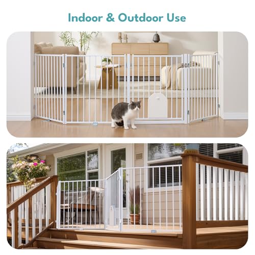 Freestanding Dog Gate with Cat Door for Indoor & Outdoor (White / 【3 Panels with Cat Door】30''Tall, 78" Wide)
