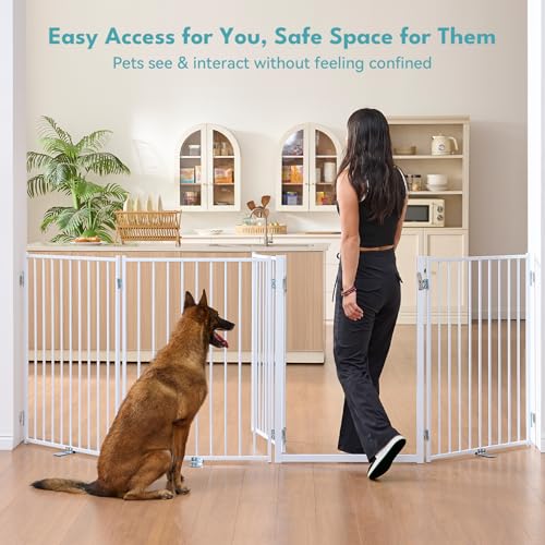 Freestanding Dog Gate with Door for Indoor & Outdoor (White / 【4 Panels with Door】104"W×36"H)