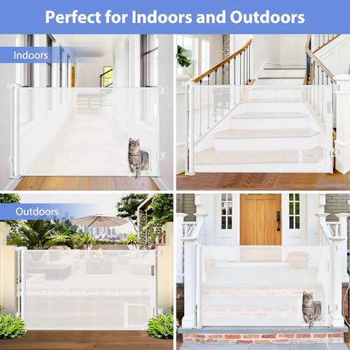 Retractable Baby Gate with Cat Door 55" Wide Retractable Baby Gate for Stairs Mesh Baby Gate with Pet Door Retractable Dog Gate for The House Retractable Pet Gate with Door Safety Gates for Toddlers (White / 33" X 55"（With Cat Door ）)