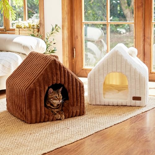 Cat Bed Cave Enclosed Washable Covered Dog Bed with Support Frame (Cream / 17 Inch (Cats up to 15 lbs, Dogs up to 10 lbs))