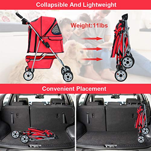 4 Wheel Foldable Pet Stroller (Red / 4 Wheels)