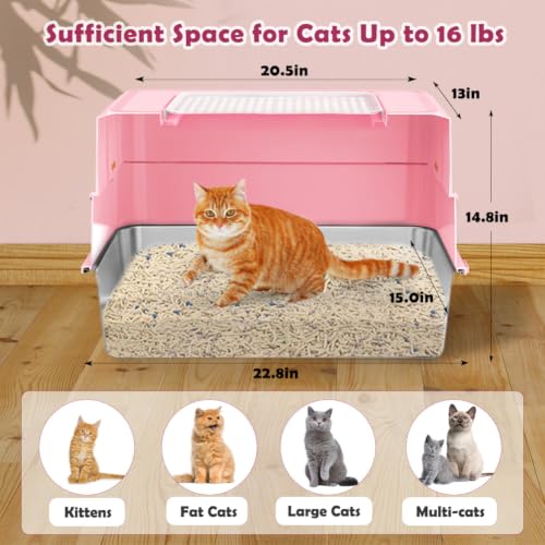 XL Enclosed Stainless Steel Cat Litter Box with Lid (Pink)