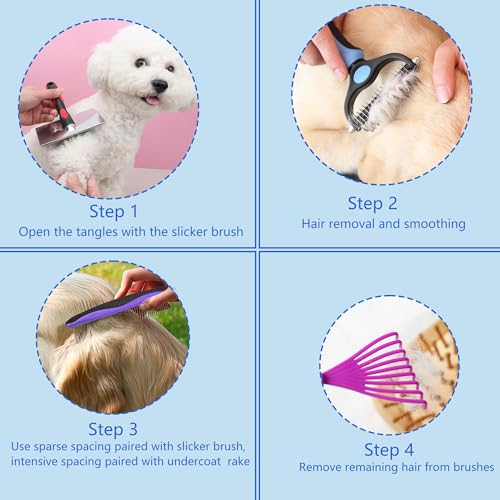 5-in-1 Dog & Cat Extra Long Pin Grooming Kit Slicker Brush for Large Dogs Cats Remove Loose Fur, Undercoat Brush for Shedding, Dematting Comb & Cleaner for Long Haired Pets