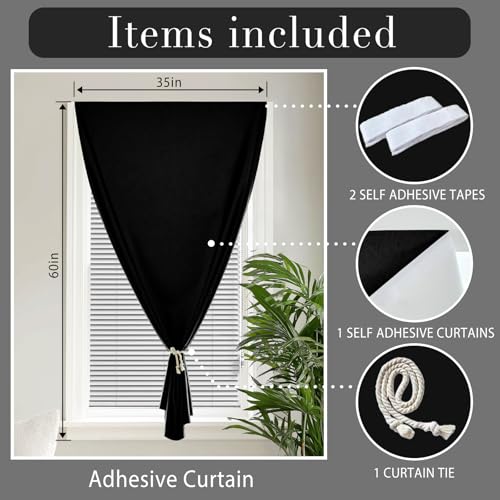 100% Blackout Magic Tape Stick On Curtains Window Shades Pull Down Blackout Window Cover No Drillng Self Adhesive Curtains No Rod Small Windows (34"W x 60"L (Pack of 1) / Black)