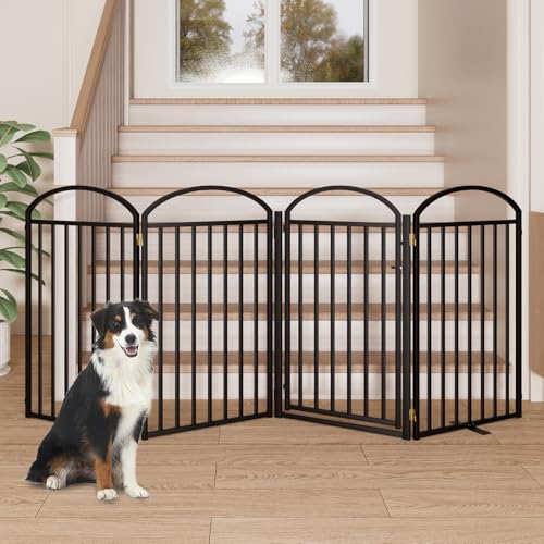 4 Panels Full Matel Freestanding Dog Gates with Door (【4 Panels with Door】96"W*36H" / Black)
