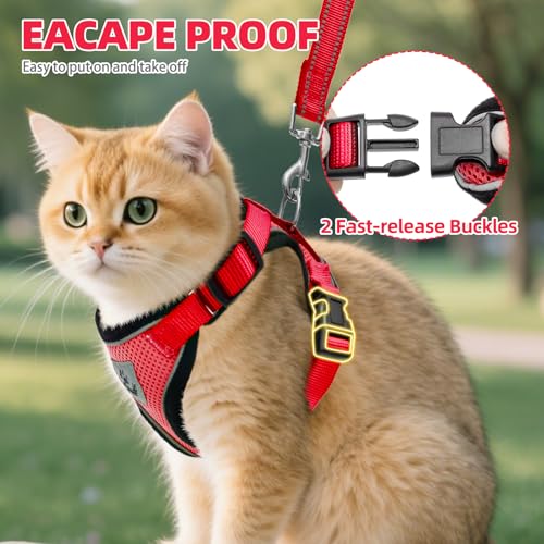 Cat Harness and Leash Set Escape Proof Reflective Cat Walking Harness Adjustable Soft Breathable Mesh Vest for Small Pets (M (NECK 11"-13.7", CHEST 16"-20") / Red)