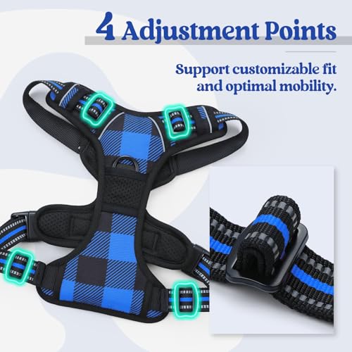 Dog Harness No Pull for Large Dogs with 2 Leash Clips (Large / Blue Plaid)