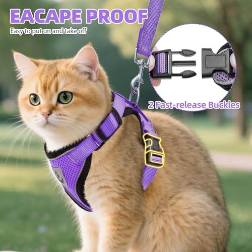Cat Harness and Leash Set Escape Proof Reflective Cat Walking Harness Adjustable Soft Breathable Mesh Vest for Small Pets (M (NECK 11"-13.7", CHEST 16"-20") / Purple)