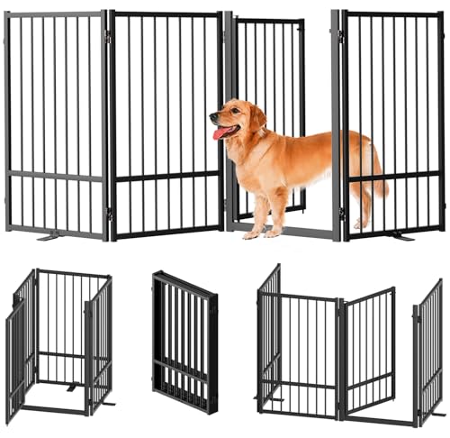 Full Metal Freestanding Dog Gate with Door (【4 Panels】80"W*32H" / Black)