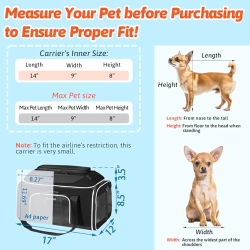 Top Expandable Small Pet Carrier 17"x12"x8.5" Airline Approved (17.0"L x 12.0"W x 8.5"H / Black)