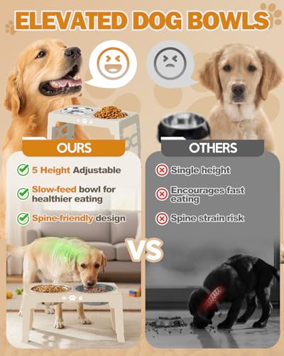 Elevated Dog Bowls for Medium Large Size Dogs (for Medium Large Dogs 1 Basic&1Slow Bowl / Beige)