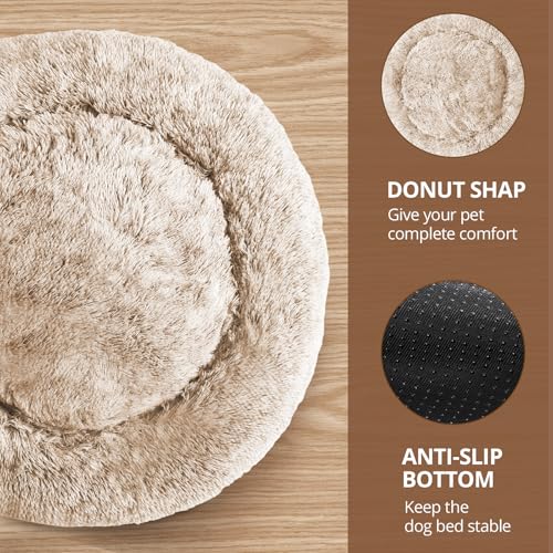 Calming Small Dog & Cat Bed for Indoor Cats (cream brown / 20.0"L x 20.0"W x 6.0"Th)