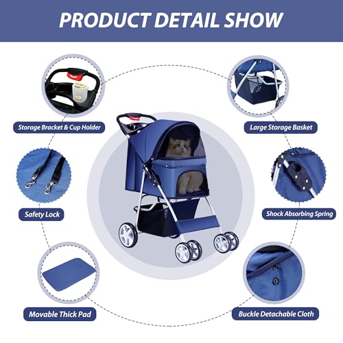 Foldable 4 Wheel Pet Stroller for Dogs Cats 10 (Navy Blue)