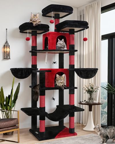 Big XXL Gothic Cat Tower for Indoor Multiple Cats (Black Red / 80inch)