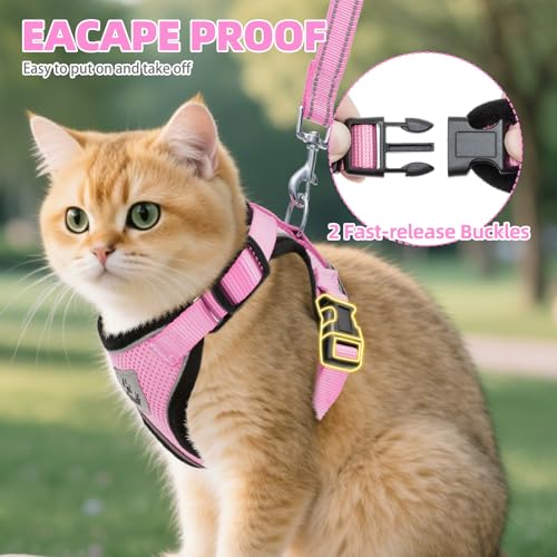 Cat Harness and Leash Set Escape Proof Reflective Cat Walking Harness Adjustable Soft Breathable Mesh Vest for Small Pets (L (NECK 14"-18", CHEST 18"-26.5") / Light Pink)