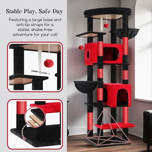 74in Gothic Heavy Duty Cat Tree Tower for Indoor Large Cats (Red Black / 74inch)