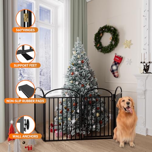 4 Panels Full Matel Freestanding Dog Gates with Door (【4 Panels with Door】96"W*32H" / Black)