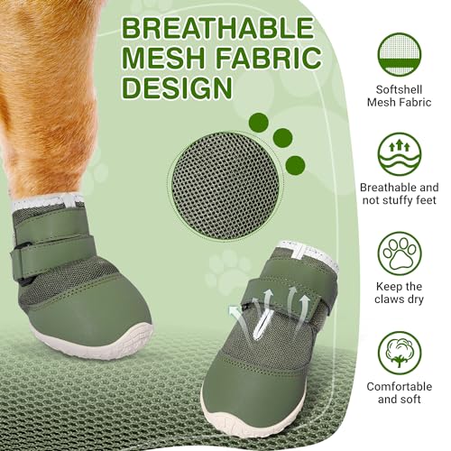 Dog Shoes Large Size Dogs (Green Mesh-Reflective / Size 7:for paw width 2.8-3.0 inches (Pack of 4))