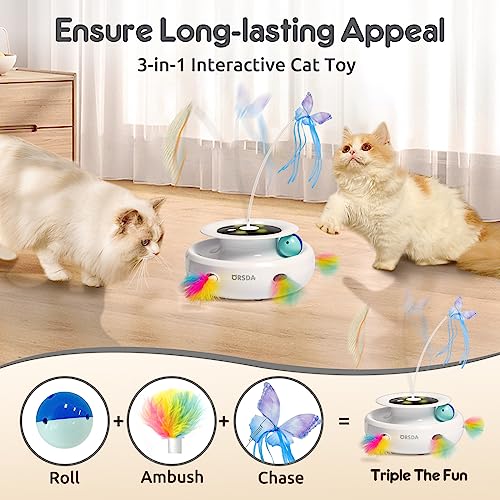 Cat Toy, 3-in-1 Automatic Interactive Electronic Moving Ambush Feather, Fluttering Butterfly, Track Balls, USB Rechargeable Powered Smart Indoor Exercise Kicker (White)