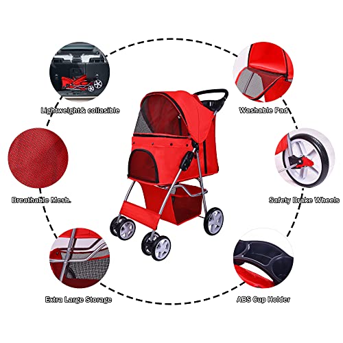 Pet Stroller 4 Wheels Multifunction Dog Cat Stroller (Red)