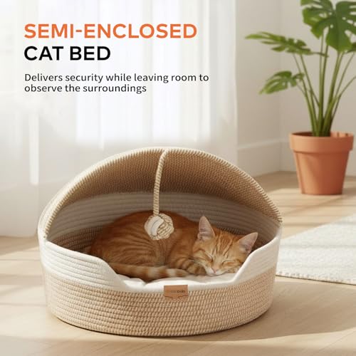 Cat Basket Bed with Washable Cushion and Ball Rope Cotton (White)