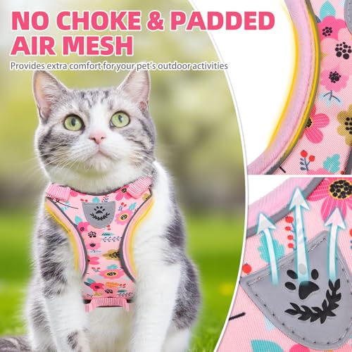 Cat Harness and Leash Set Escape Proof Reflective Cat Walking Harness Adjustable Soft Breathable Mesh Vest for Small Pets (M (NECK 11"-13.7", CHEST 16"-20") / Pink Flowers)