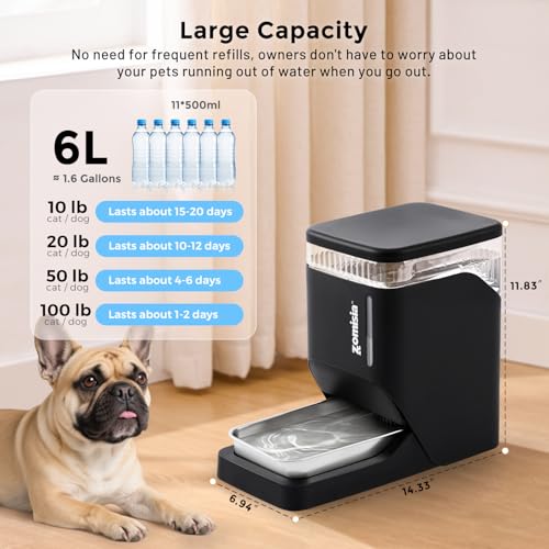 1.6 Gallon Automatic Dog Water Dispenser with Stainless Steel Bowl (Black / 6L)